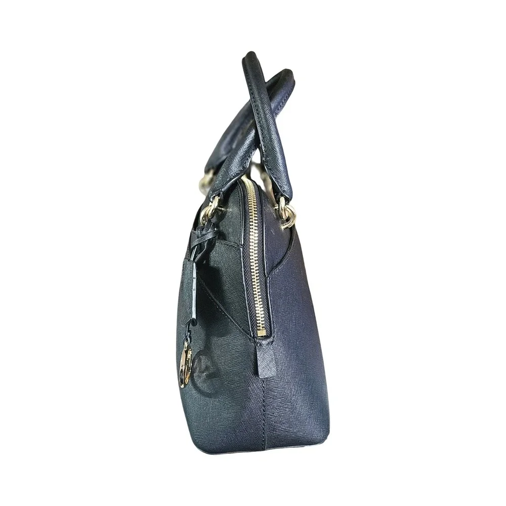 Michael Kors Black Saffiano Leather Dome Satchel Gold Hardware Handbag